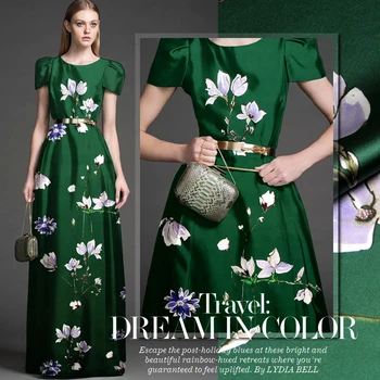 

118cm wide 19mm 93% silk & 7% spandex floral print dark green silk satin fabric for dress shirt clothes cheongsam D382