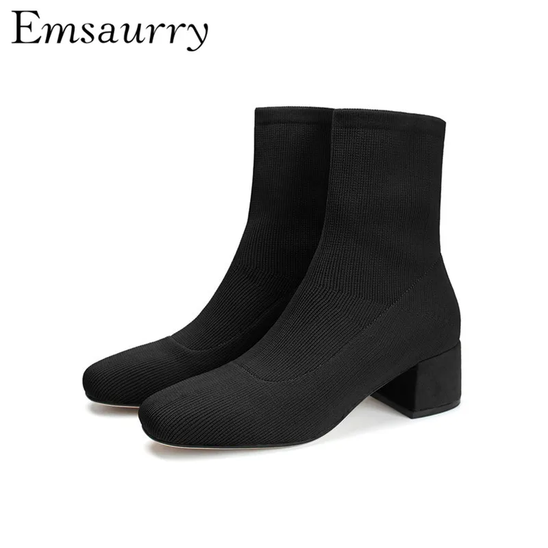 

Wool Knitted Sock Boots Square Heel Suqare Toe Short Booties Autumn Winter Knitting Ankle Boots Women