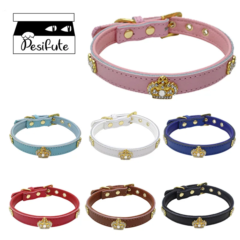 Pet Fashion Diamond Crown Collar British Style Lovely PU Leather Leash ...