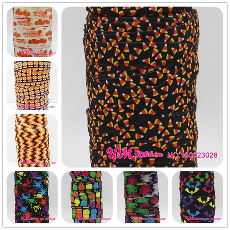 

Q&N ribbon wholesale/OEM 5/8inch Orange&Black Chevron Halloween Printed folded over elastic webbing FOE 50yds/roll free shipping