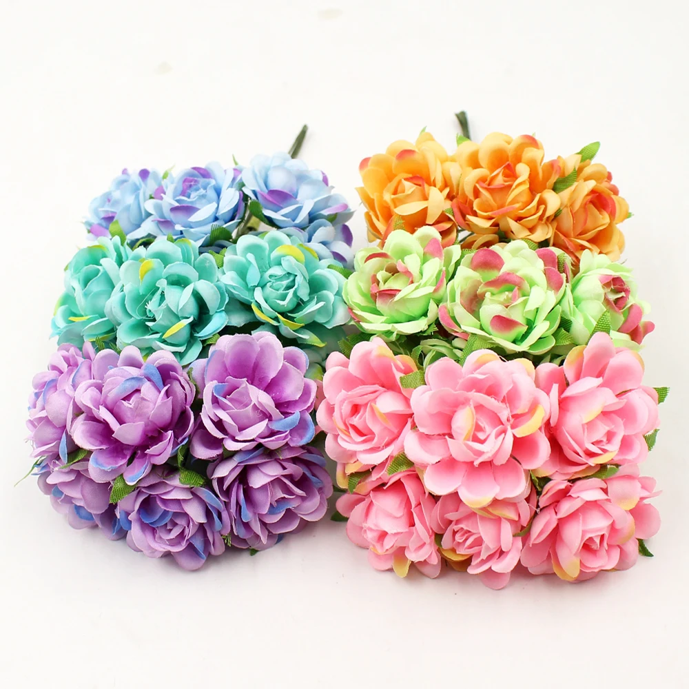 

6Pcs/lot Gradient Rose Artificial Flower DIY Craft Wreath Gift Accessories for Wedding Home Decoration Handmade Silk Fake Flower
