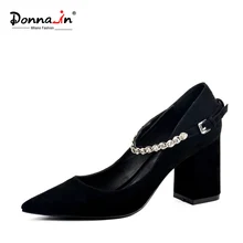 DONNA-IN 2017 NEW STYLE POINTED TOE PUMPS THICK HEEL NATURAL KID SUEDE WOMEN SHOES DIAMOND STRAP HIGH HEEL LEATHER LADIES SHOES