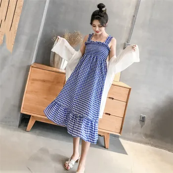 

Summer sexy dress new Korean version of the plus size maternity dress dress plaid blue fashion slim dress vestido feminina LR75