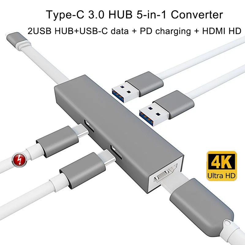 

5 Ports Type-C HUB Aluminum Alloy USB3.0 HDMI PD Charger 4K HD Smart Splitter XXM8