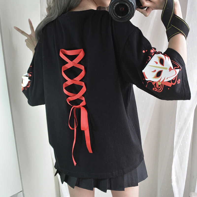 Japan Style Fox Printed Cross Ribbon T-shirt Women Girls' Three Quarter Sleeve Black Summer Tee Top Clothes Japan Style Fox Printed Cross Ribbon T-shirt Women Girls' Three Quarter Sleeve Black Summer Tee Top Clothes