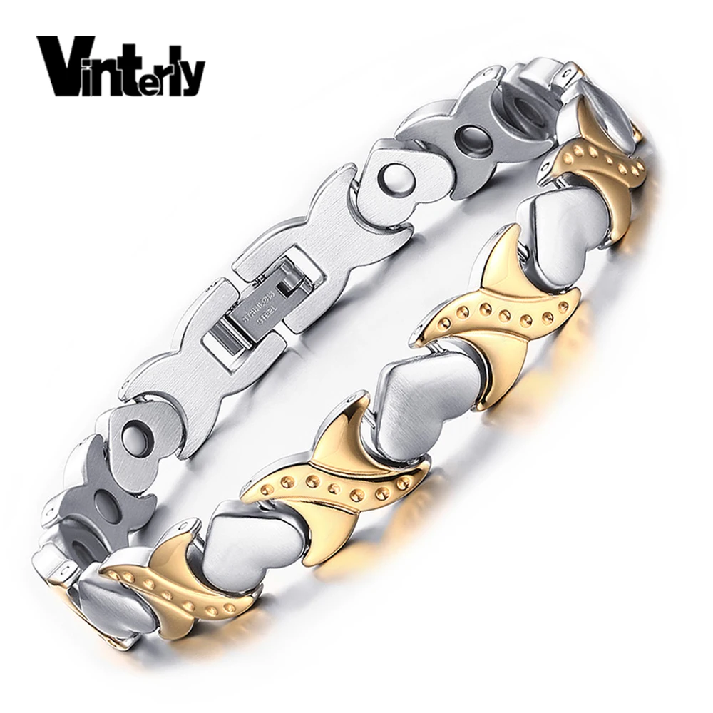 Vinterly сердце женский браслет цепочка звено золото-цвет Энергетический Браслет Femme голограмма нержавеющая сталь магнитные браслеты для женщин