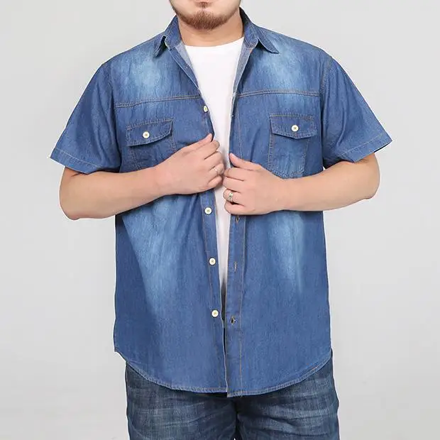 

Denim Shirt Men Cotton 95% Casual Slim Fit Dress Men Shirt Short Sleeve Plus size