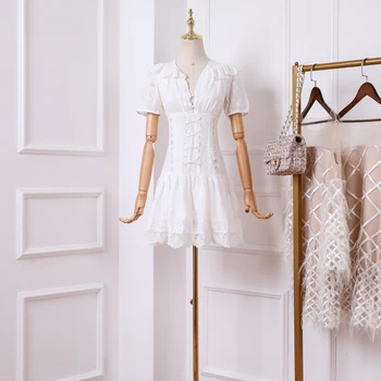 

French court retro dress Slim temperament embroidered dress fashion fairy ruffled ladies party dress