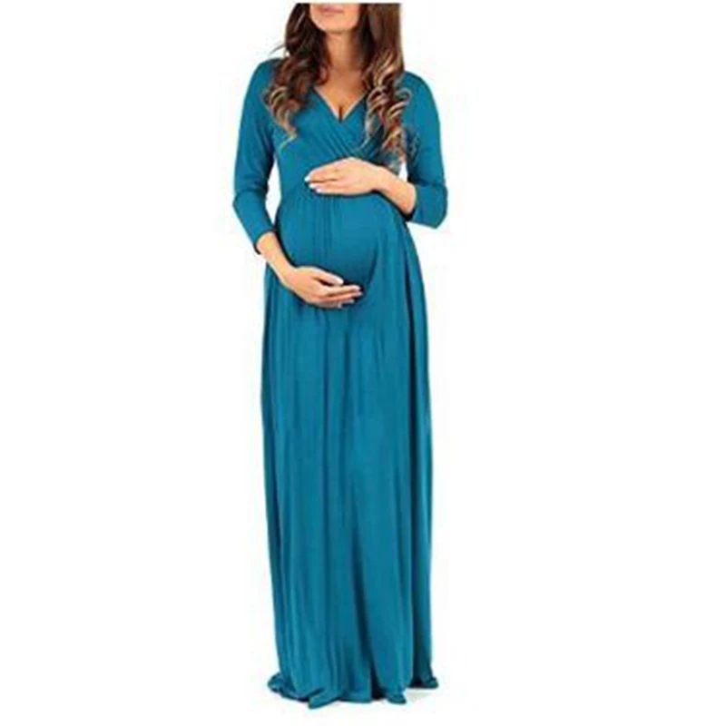 Платье для беременных с v-образным вырезом, платье для беременных, три четверти, Одежда для беременных, длинные Хлопковые Платья