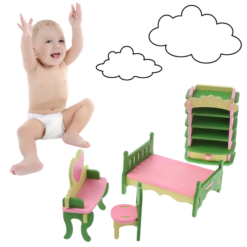 cheap HBB Kid Wooden Furniture Dolls House Miniature Bath Bed Living Room Children Toy Gift Kids Pretend Play Toys