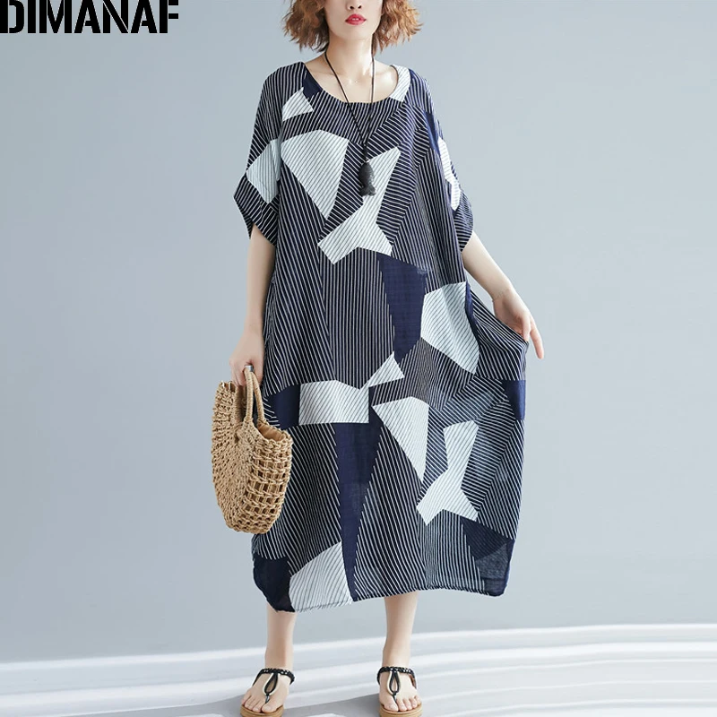 

DIMANAF Plus Size Women Dress Cotton Big Size Summer Sundress Female Lady Vestidos Print Striped Loose Vintage Beach Dress 2019