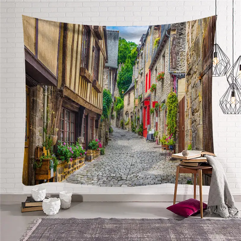 

European Town Printed Tapestry Hippie Retro Wall Hanging Carpet Throw Yoga Mat Beach Towel for Home Bedroom Decoration 150cm