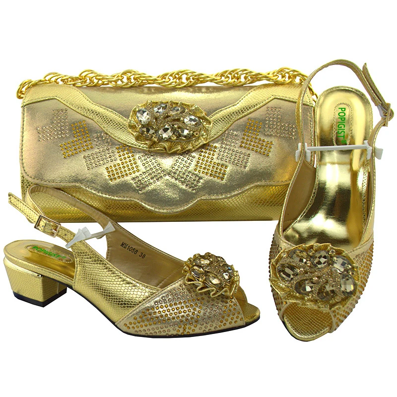 Gold Color Comfortable 4cm Heel Nigerian Women Wedding Shoe and Bag