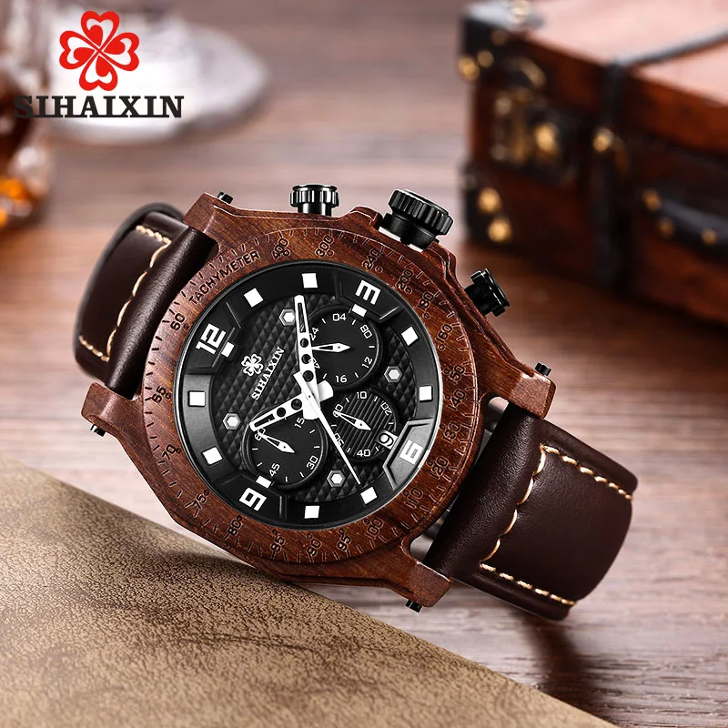 2019 деревянные часы мужские водостойкие кожаные люксовый бренд Дата кварцевые часы relogio masculino спортивные часы Подарочная коробка