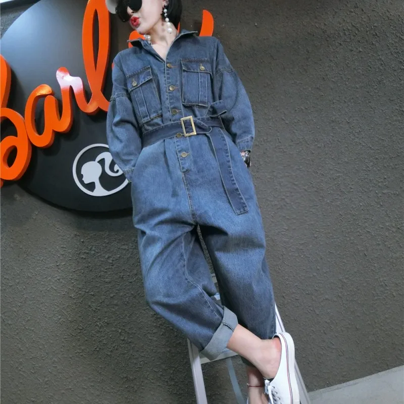 Корейский стиль, свободный крой, повседневный женский комбинезон с поясом, джинсовый комбинезон, женский комбинезон, комбинезоны, большой размер, M-XXL, синий
