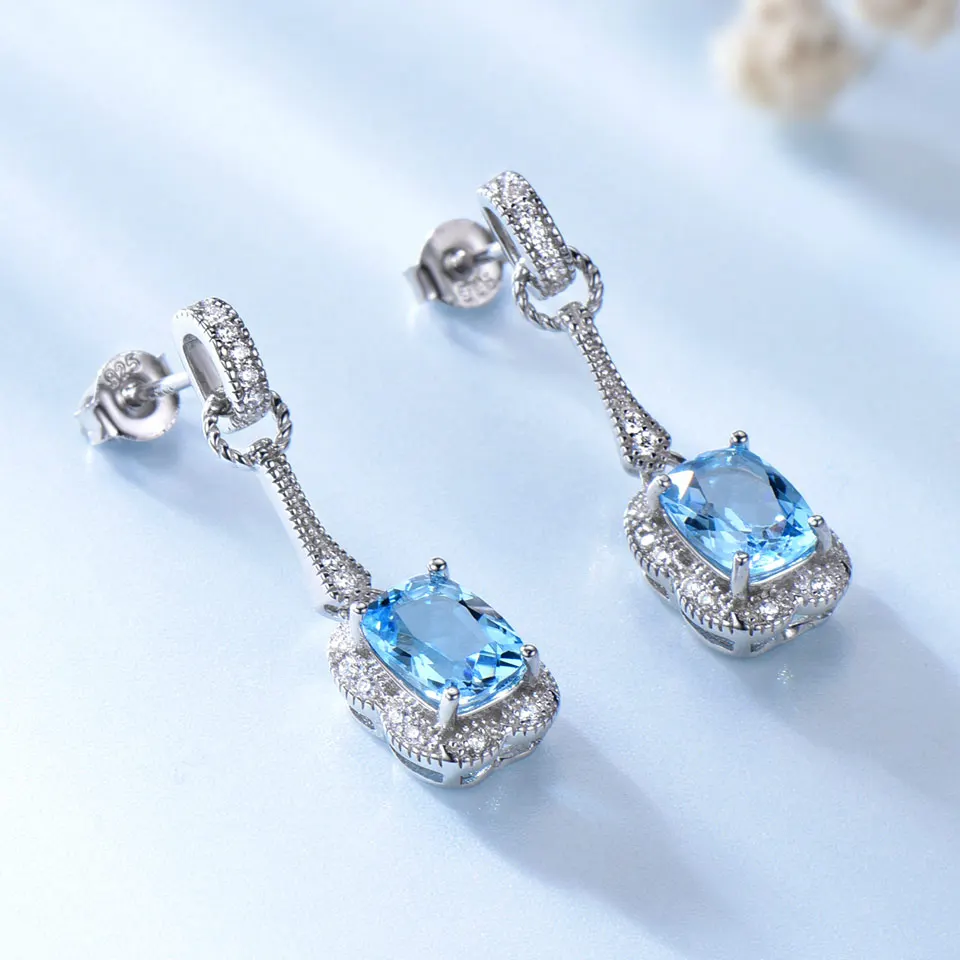 UMCHO 3.2CT Природный Голубой топаз драгоценный камень серьги 925 стерлингового