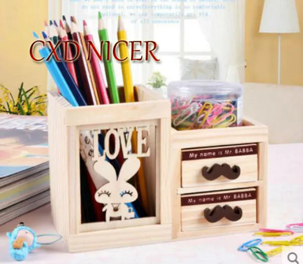 

Fashion Tower Beard Desktop Hollow Wooden Pen Holder Office Stationary Supplies Accessories Double Drawer Pencil Holder Dd252