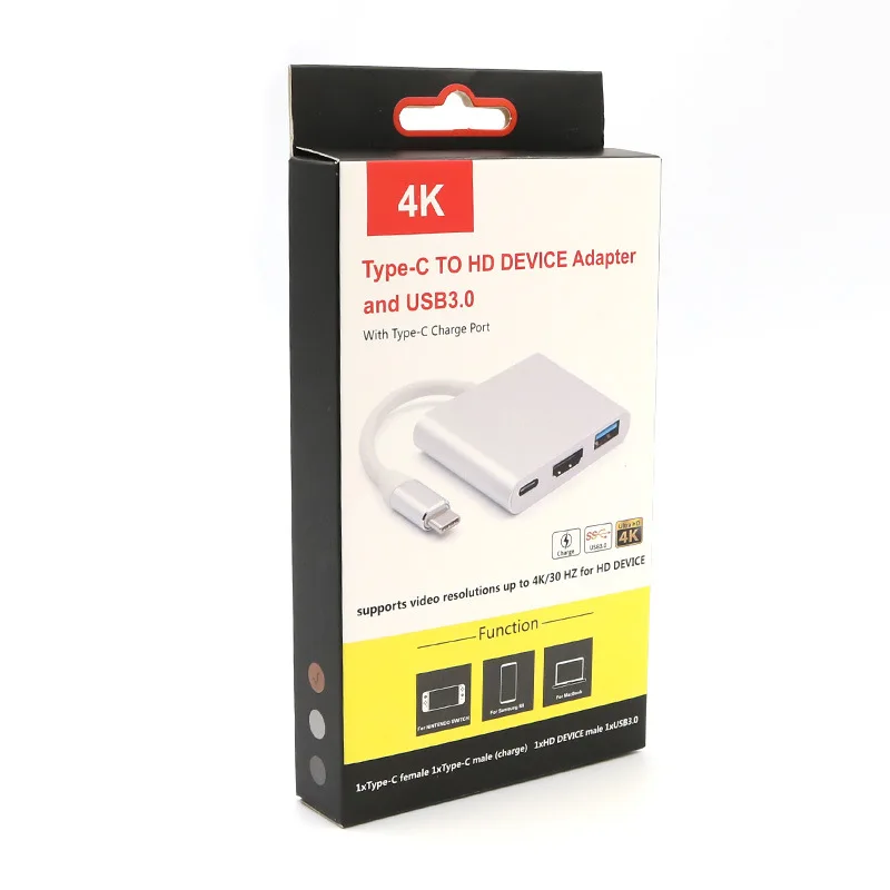 3 в 1 сплиттер типа C к HDMI/концентратор USB 3,0/зарядный адаптер OTG HD 4K 1080P Аудио конвертер для Macbook Pro для переключателя S8