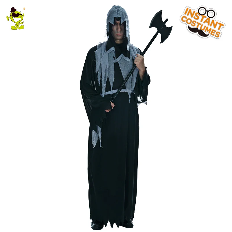 Взрослый Для мужчин халат костюм призрака Хэллоуин черный длинный вечерние