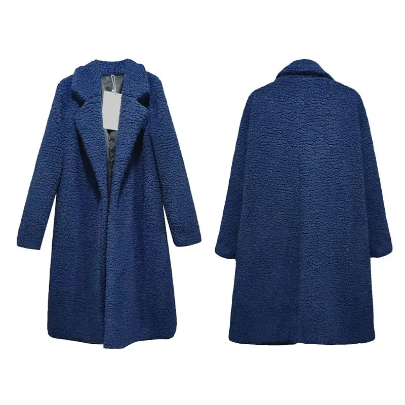 

Womens Winter Thicken Plush Cardigan Coat Open Front Solid Color Oversized Jacket Loose Notched Lapel Collar Outwear With Pocket