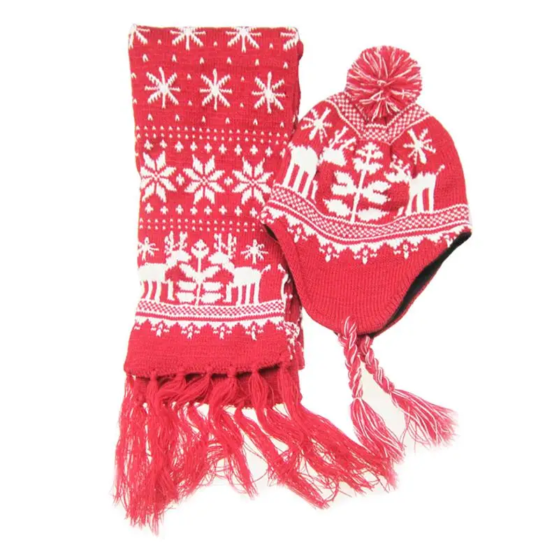 

2PC Unisex Hat and Scarf Set Acrylic Wool Lovely Winter Elk Snowflake Christmas Pattern Scarf Hat Set Decor for Women Men