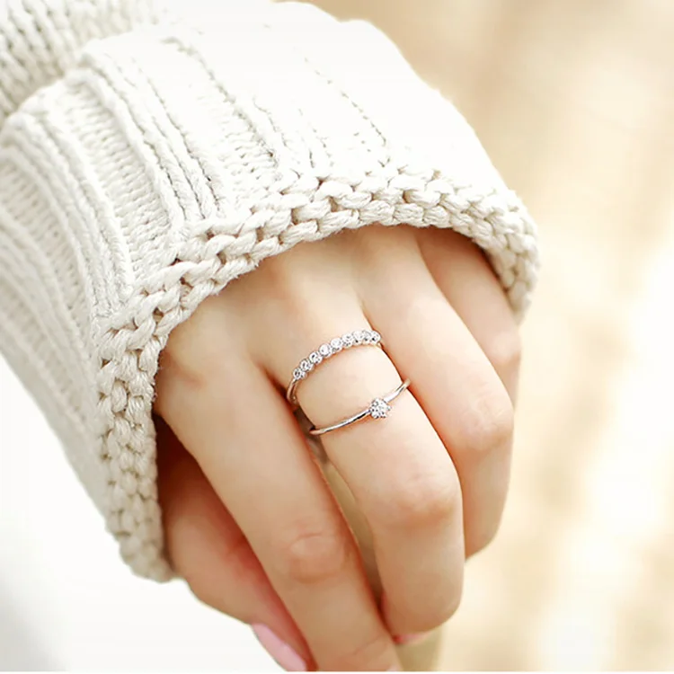 Двухслойные открытые кольца для женщин, регулируемые кольца с кристаллами и цирконием для свадьбы, помолвки, простые кольца с хвостом, модные ювелирные изделия, подарки для девушек