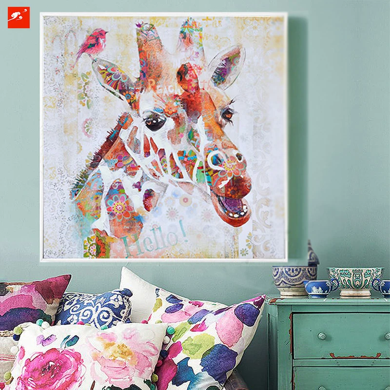 New Colourful Lucu Indah Kartun Hewan Jerapah Lukisan Kanvas Cetak