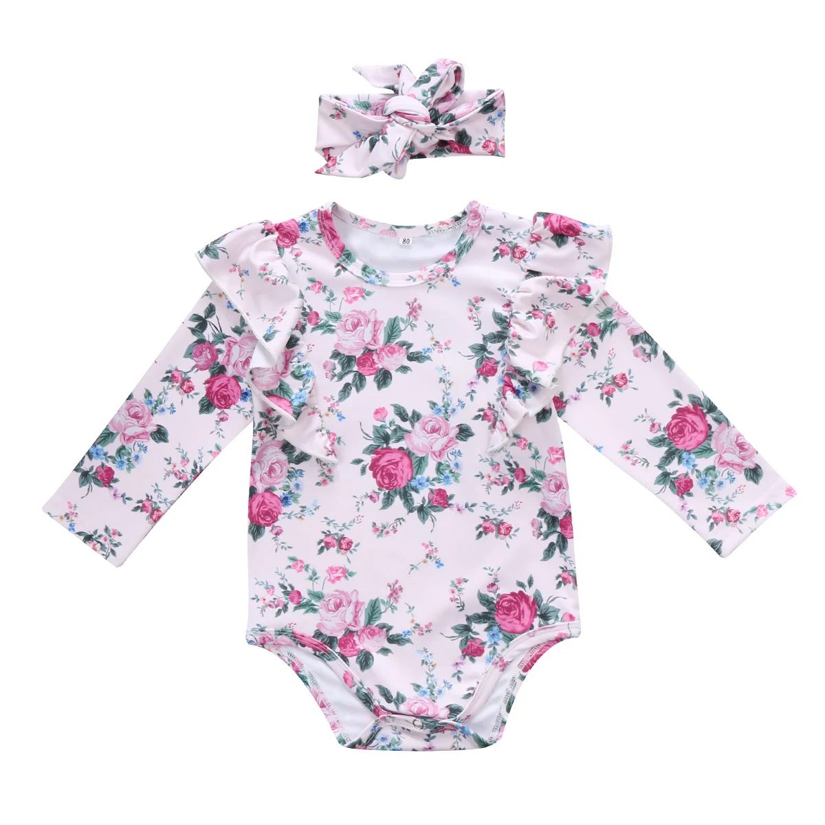 

Lovely Floral Print Newborn Baby Girls Flutter Print Cotton Romper Jumpsuit +Headband Set Kids Girl Long Sleeve Clothes