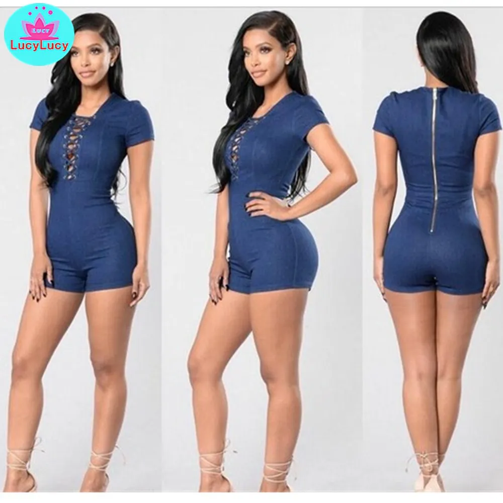 

2019 summer Europe and the United States new denim jumpsuit V-neck tie zipper stretch denim jumpsuit Skinny Playsuits