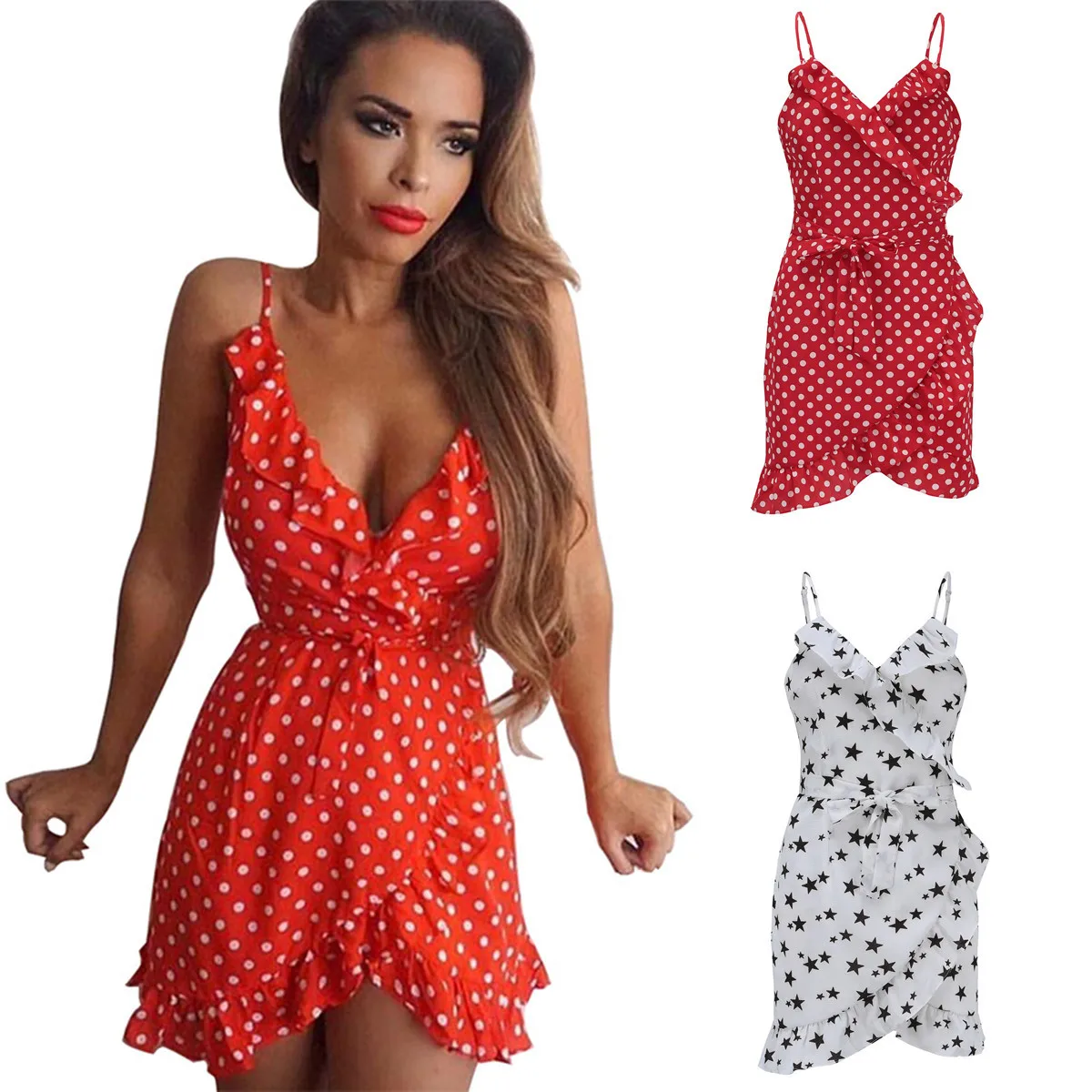 

Sexy V-neck Print Dot Mini Dress Women For Summer 2019 Sexy Women's Wear Star Ruffles Mini Dress Spaghetti Strap