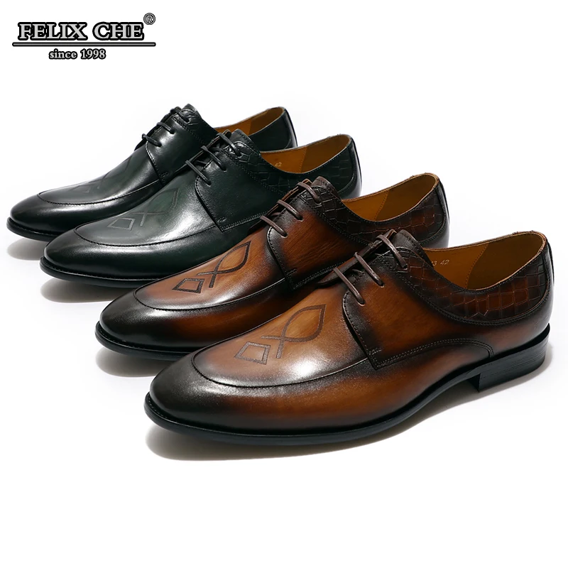 

2019 Fashion Footwear Handmade Men Genuine Leather Lace Up Formal Men Derby Shoes Male Brown Green Business Office Dress Shoes