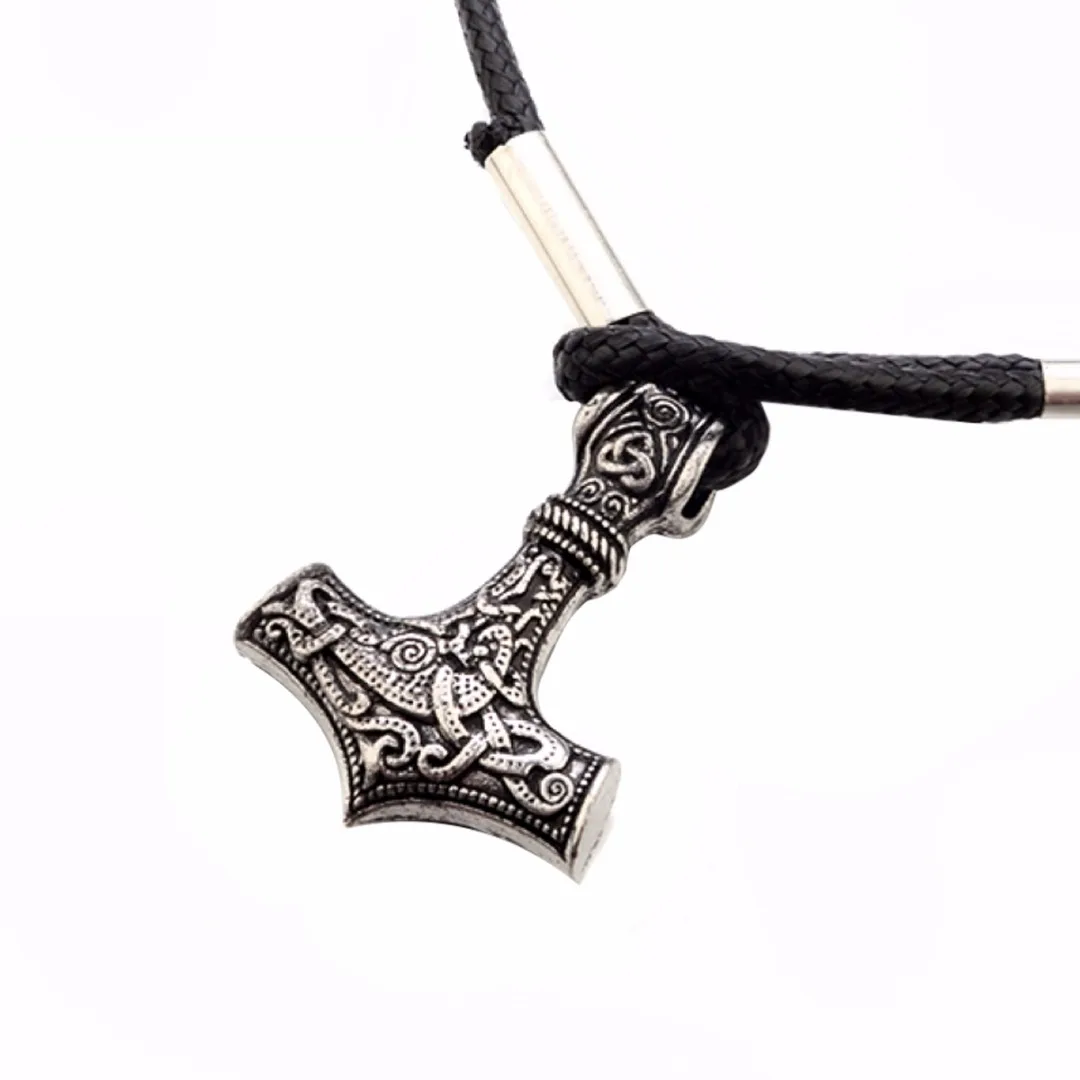 Vintage Norse Viking Thor's Hammer Amulet Leather Bracelet Mens Jewelry