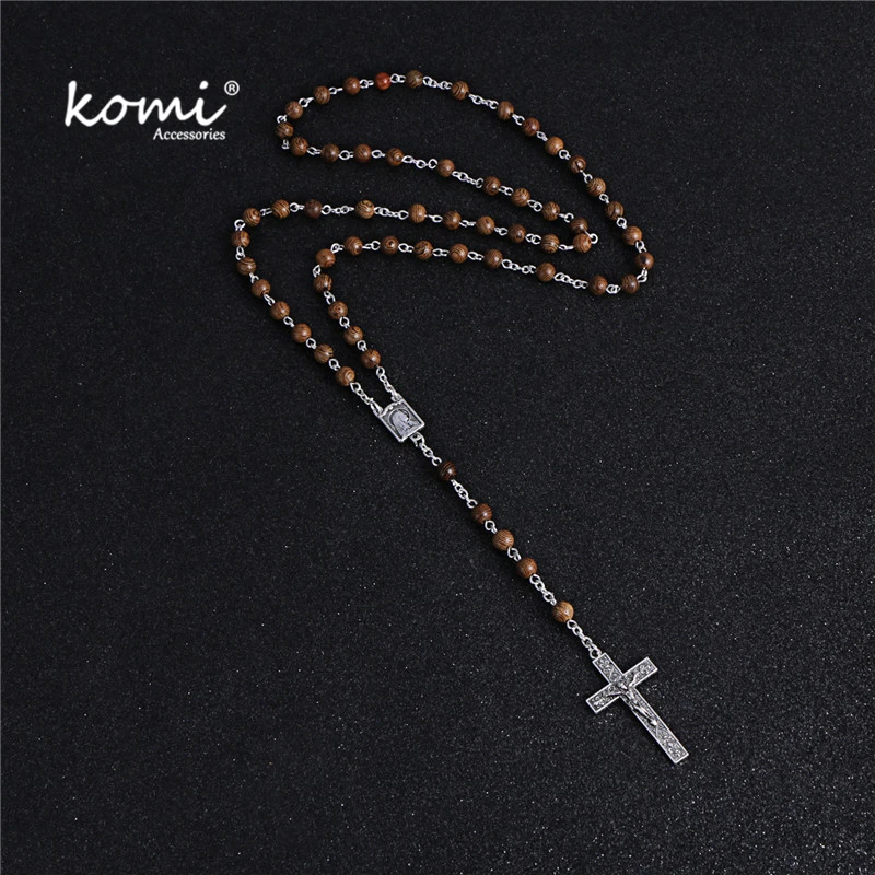 

KOMi New Vintage Wood Beads Silver Cross Pendant Necklace Women Men Catholic Christ Religious Jesus Rosary Jewelry Gift R-084