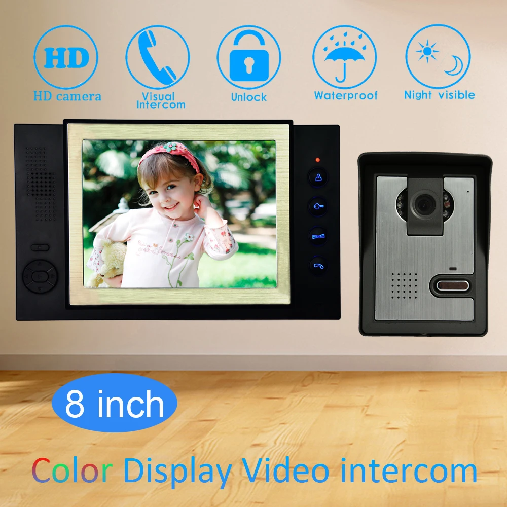 8'' Color LCD Video Door Phone House Garden improvement Device Wire Doorbell Door Release Unlock Night Vision IR Camera