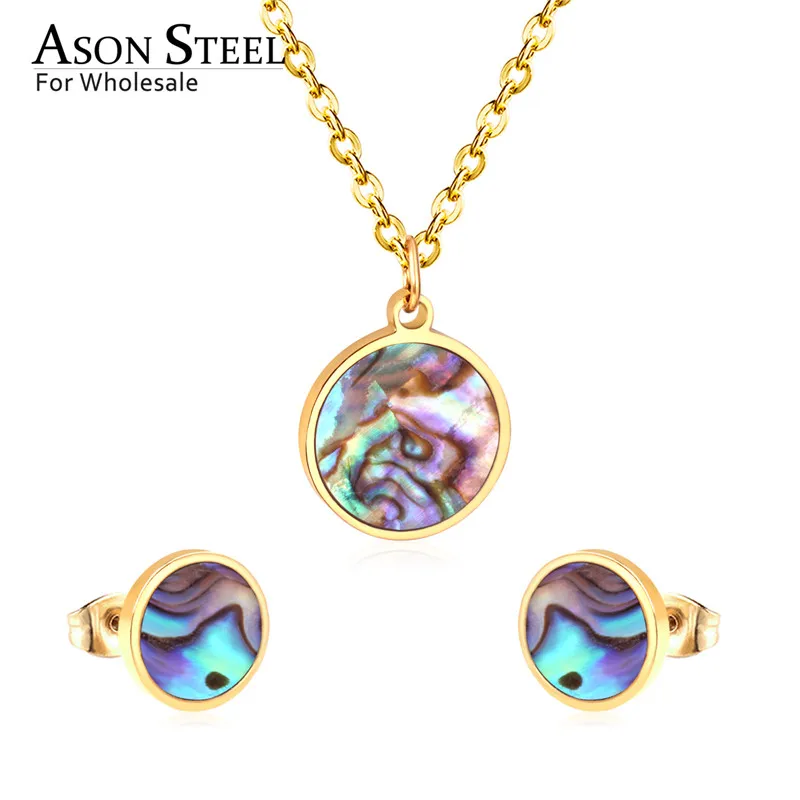

ASONSTEEL Round Wedding Shell Carbon Fiber Jewelry Sets Pendant Necklace & Small Stud Earrings 316L Stainless Steel for Women