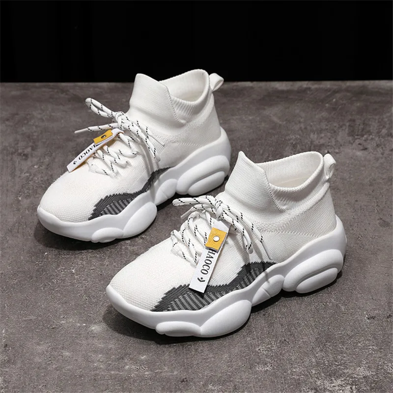 

2019 Fashion knitting Sock Women Vulcanize Shoes Breathable Sneakers Lace-up Casual Dad Shoes Comfortable Walking Shoes Flat