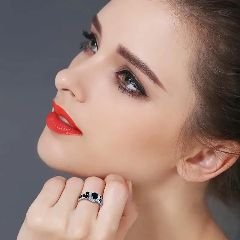 Cute 3.4g 925 Sterling Silver Fine Jewelry Round Bague Black Spinel Wedding Rings for Women Girl Party Gift C470 Fine Jewelry