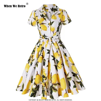 

When We Retro Plus Size Lemon Print Autumn Vintage Dress Turn Down Belt Button Women Retro Dress Elegant Party Vestidos SD0002E