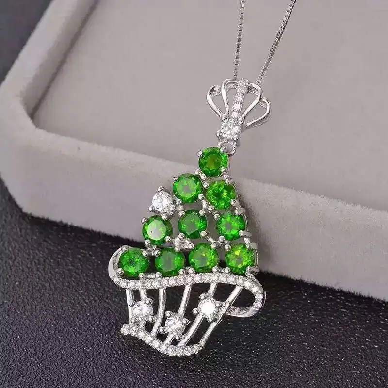 Naturel vert diopside gemme fleurs panier pendentif naturel pierre gemme pendentif S925 argent mode