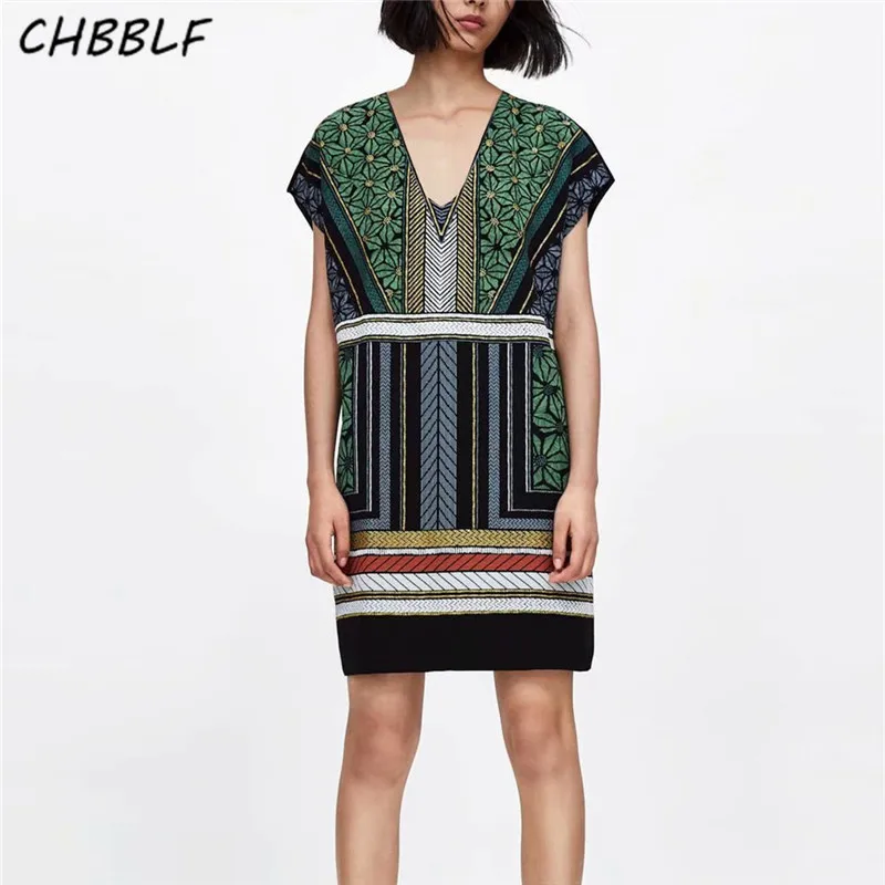 

CHBBLF women vintage print mini dress short sleeve ladies casual retro dresses vestidos mujer XSZ1757