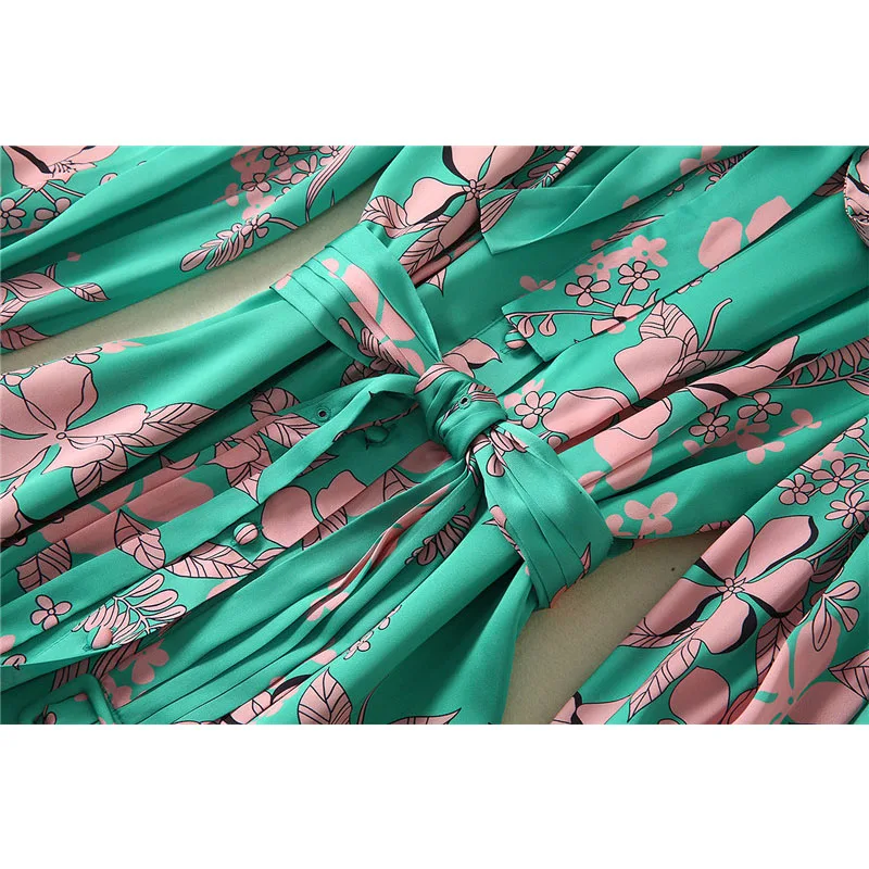 Модное дизайнерское подиумное платье для женщин, весна, элегантное платье с бантом, воротником и длинным рукавом, с цветочным принтом, мини зеленое платье, вечерние платья