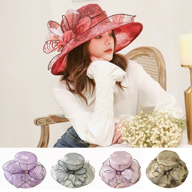 

Women Summer Organza Mesh Floppy Lady Sun Hat Ribbon Large Spiral Flower Beaded Wide Brim Bucket Cap Embroidered Lace Caps Women