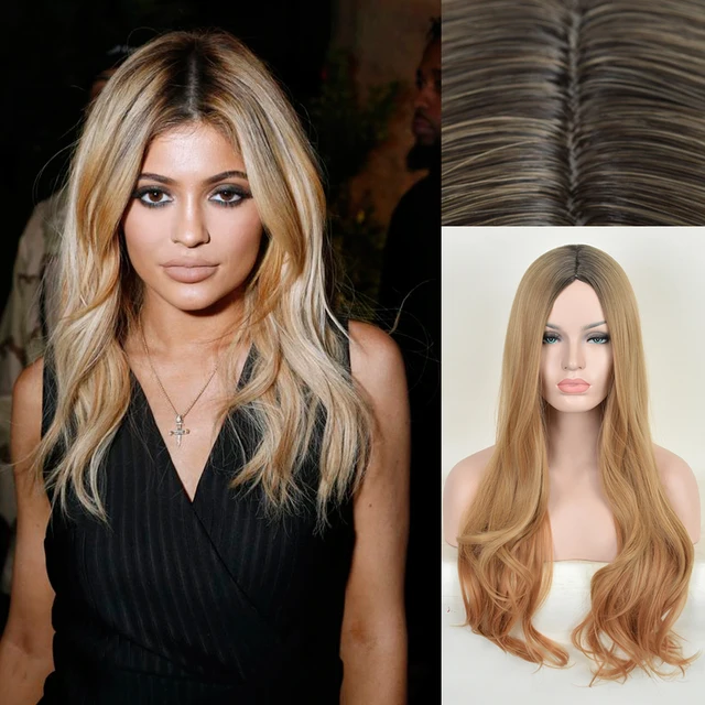 Natural Shell Blonde Ombre Synthetic Curly Front Wig Kylie Natural Shell Blonde Ombre Synthetic Curly Front Wig Kylie Jenner Long Heat Resistant
