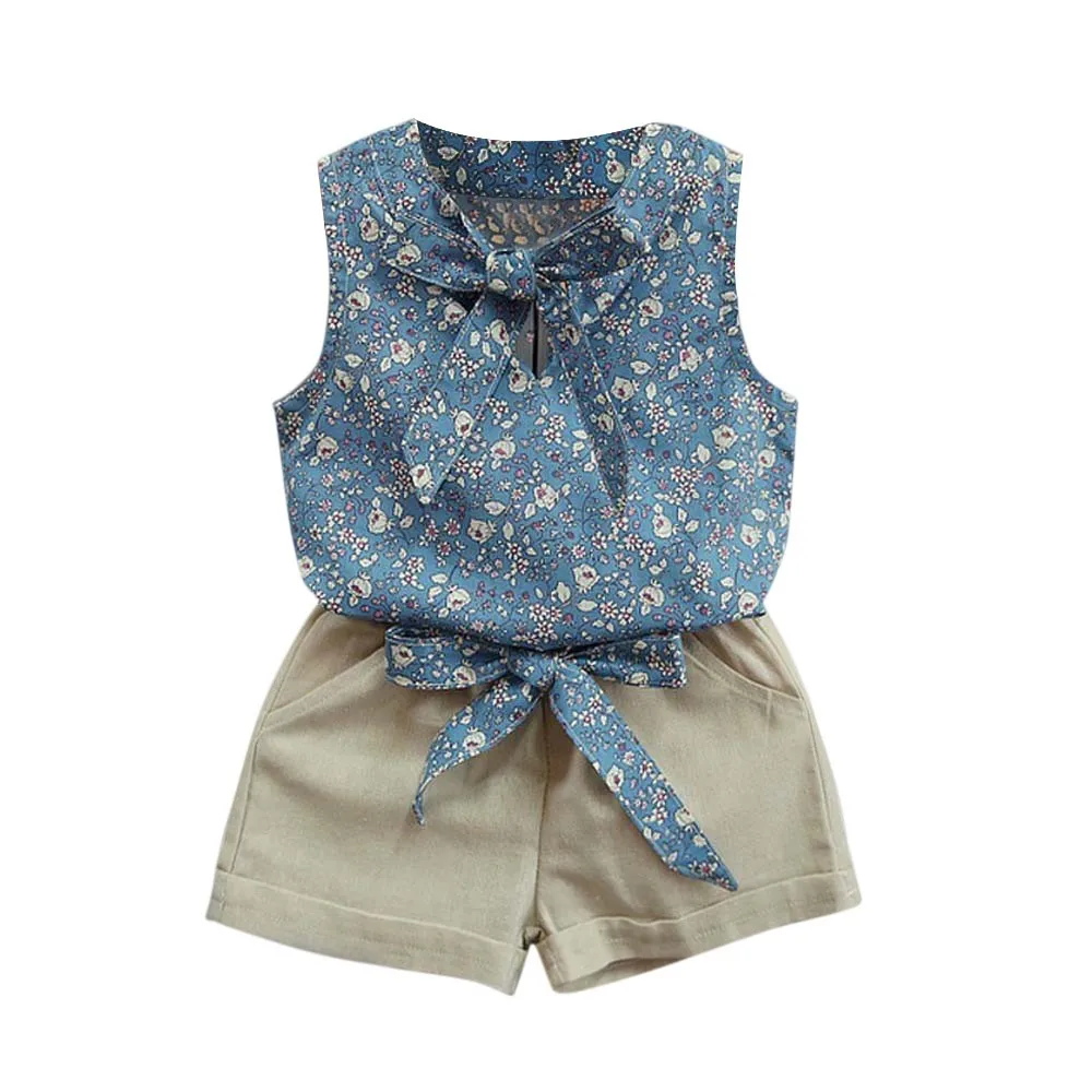 

Girls Floral Bow Vest Shorts Set Summer Baby Girl Clothes Girls Set Floral Bows Shorts Two-piece Kids Suits Y-NEW