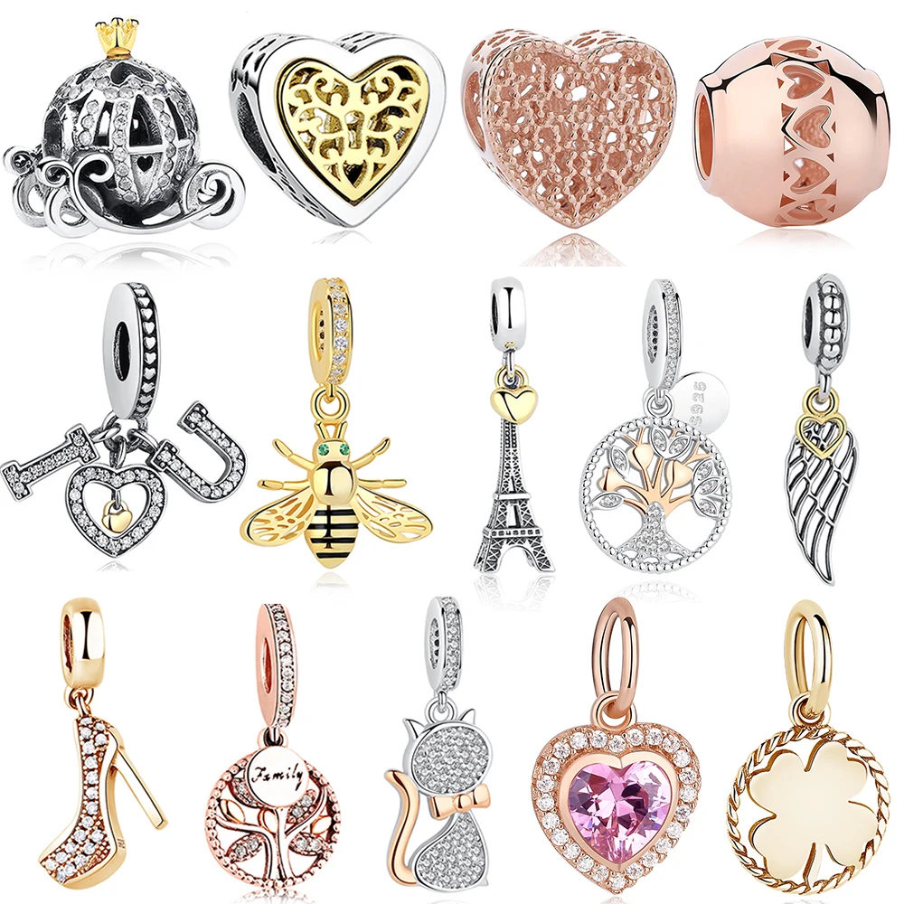 

2019 Trendy Rose Gold Tree Feather Heart Charms Beads Fit Original Pandora Bracelet Women Real 925 Sterling Silver Jewelry