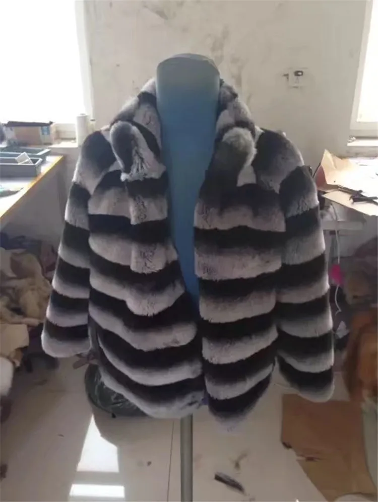 Натуральный Шиншилла Рекс кролик натуральный мех пальто Женская куртка короткое пальто стоячий воротник верхняя одежда в полоску зимняя одежда