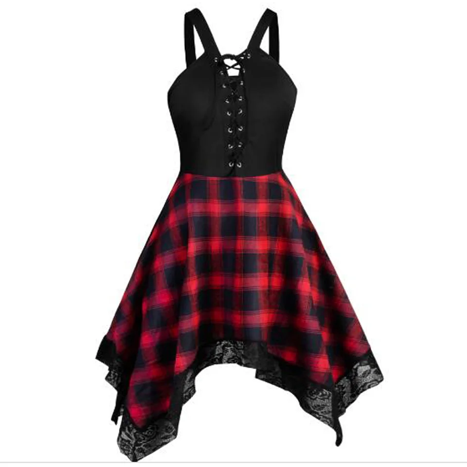 lace up plaid asymmetrical dress