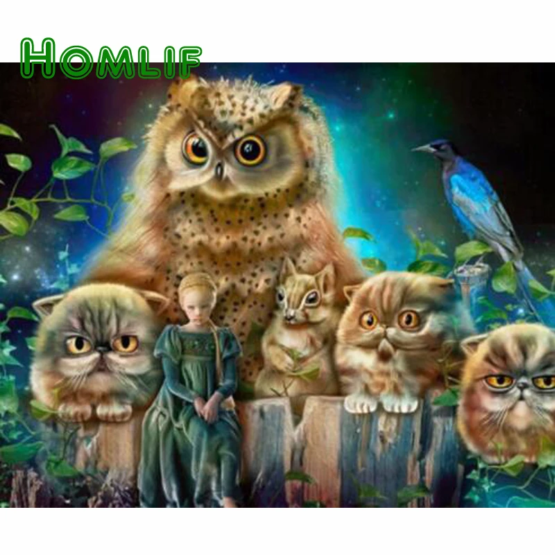 

HOMLF 5D DIY Diamond Embroidery Painting Cross Stitch Home Decoration Girl owl cat Full Mosaic Crafts 3d Kit For Needlework