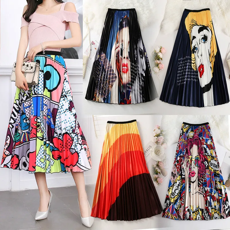 

2019 New Fashion High Waist Pleated Skirt Women Summer Autumn Midi Skirts Womens Elastic Waist A Line Long Skirts for Women Rok