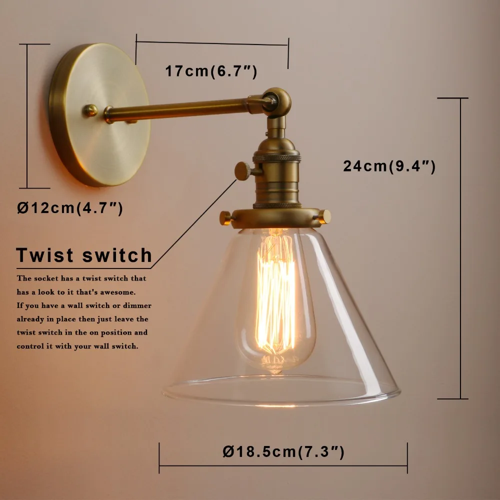 Пермо 7.2 ''Воронка Стекло edison бра античная латунь свет Современная Бра